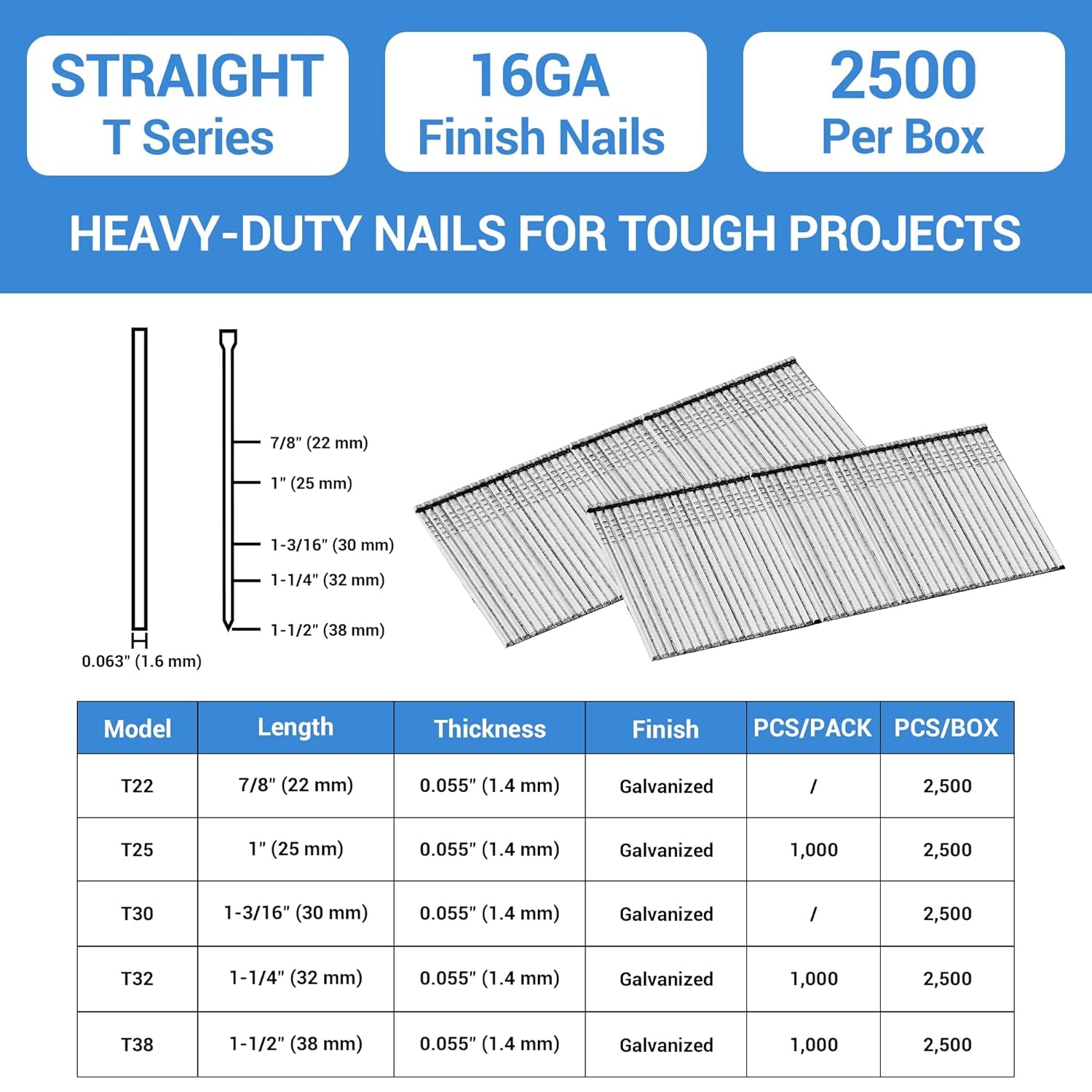 16 Gauge Finish Nails, 1-3/16-Inch 16GA Straight Finish Nails Galvanized Finishing Nails for Electric or Pneumatic Nailer Guns (2,500 Counts)