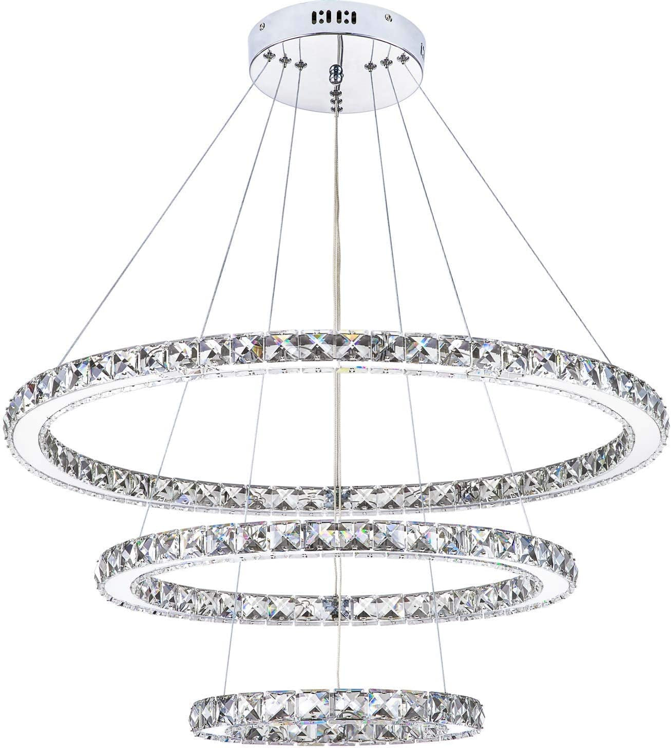 KROSON Crystal Chandelier Modern Led Chandelier Dining Room and Bedroom Chandelier Foyer Lighting Adjustable Ceiling Pendant Lighting Cool White 3 Rings Chandeliers