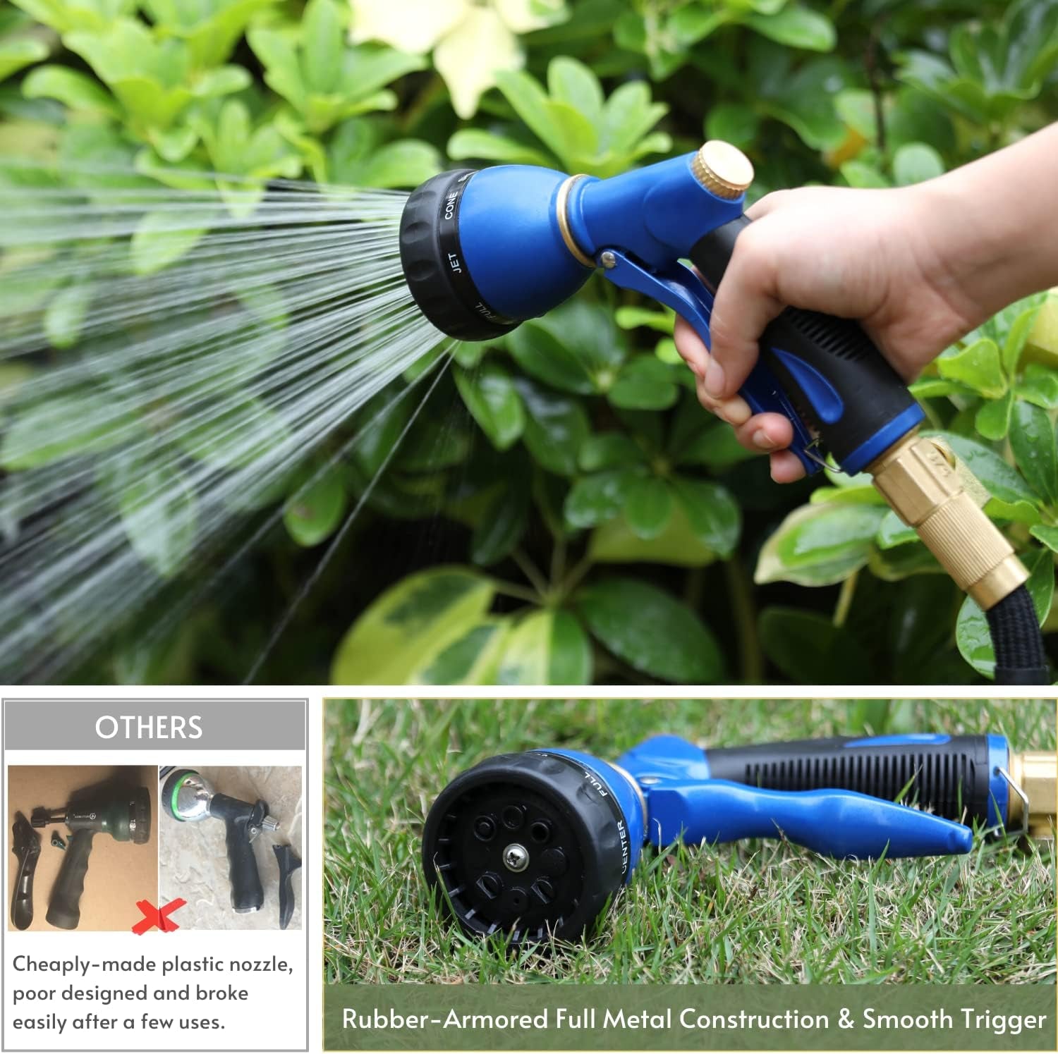 Garden Hose Sprayer Nozzle 100% Heavy Duty Metal, Water Hose Nozzle with 8 Different Spray Patterns, High Pressure Hose Spray Nozzle for Watering Plant & Lawn, Washing Car & Pet Blue