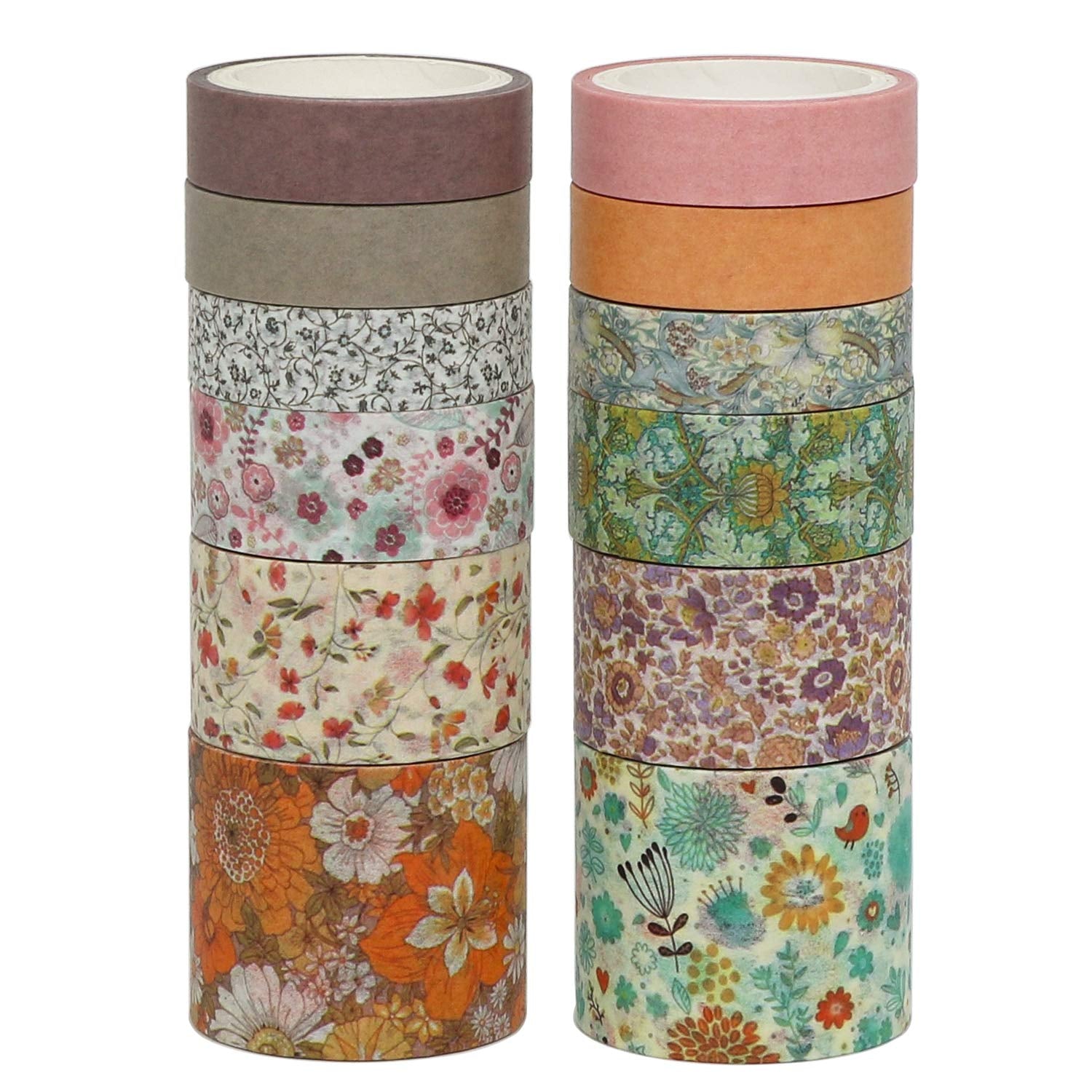 Vintage Floral Washi Tape Set, 12 Rolls of Decorative Solid Color Paper Tapes for Scrapbooking, DIY Arts and Crafts, Bullet Journal, Planner, Junk Journal, Gift Wrapping