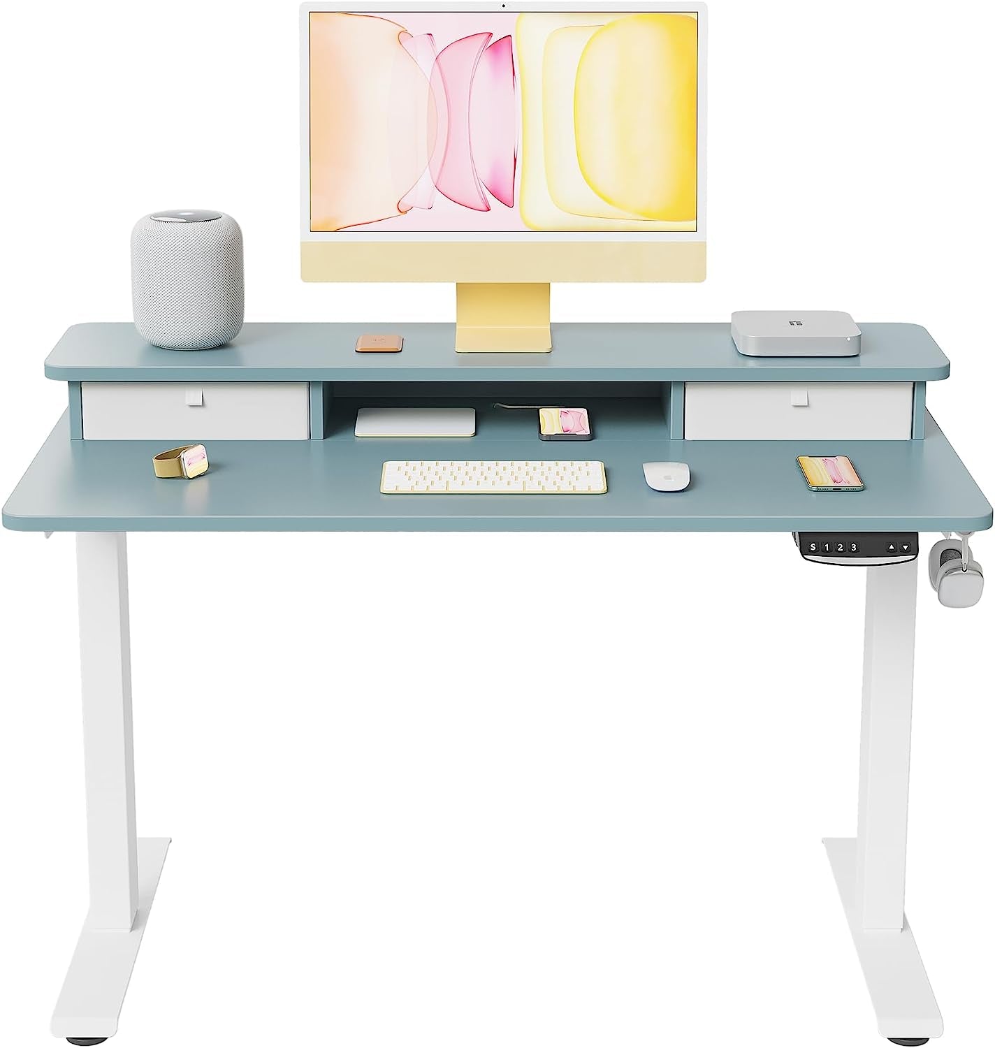 48 X 24 Inch Height Adjustable Electric Standing Desk with Double Drawer, Stand up Desk with Storage Shelf, Sit Stand Desk, Blue