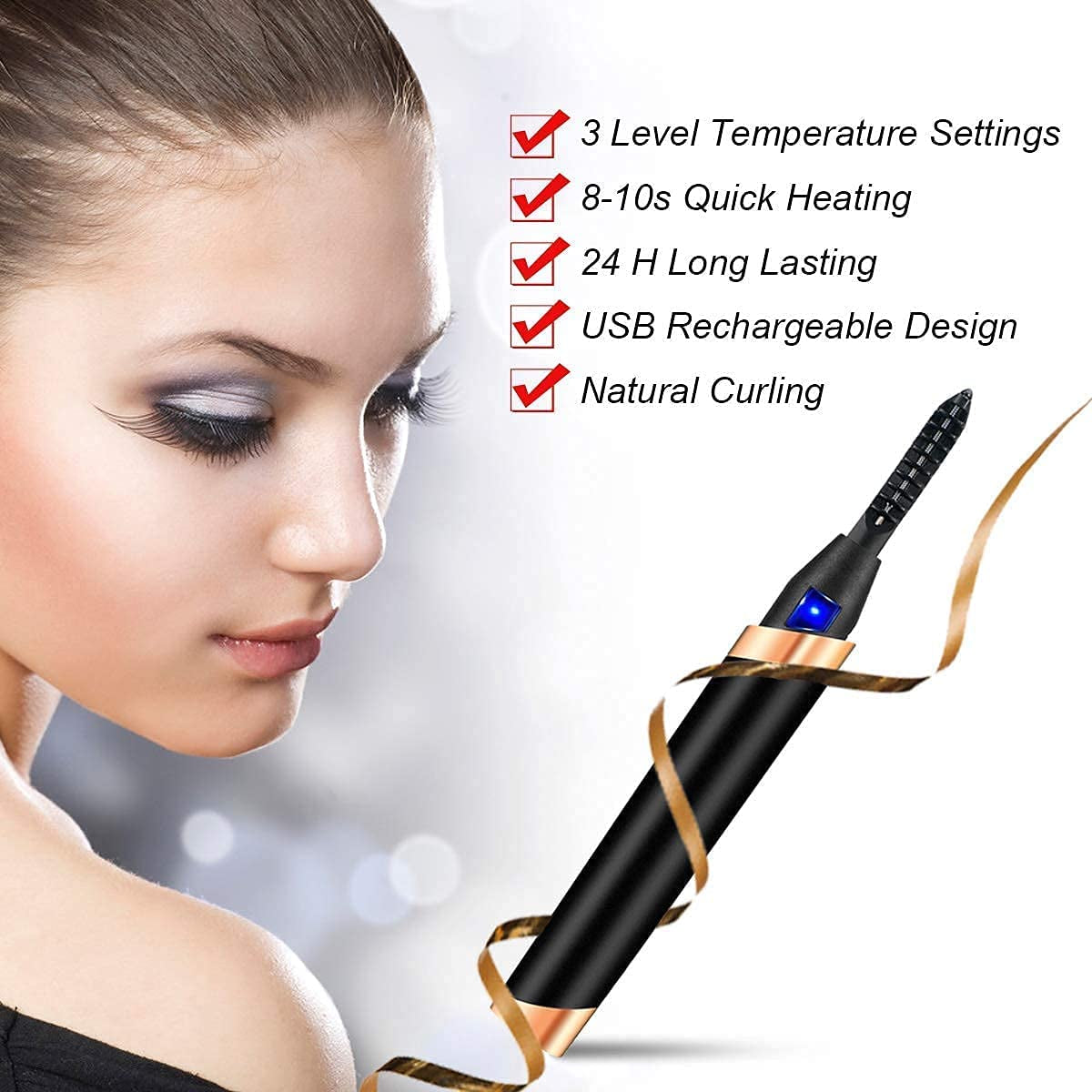 Heated Eyelash Curler, USB Rechargeable Electric Eyelash Curler for Quick Natural Curling, Long Lasting Eyelashes Curl Tool Valentine'S Gifts for Women (Light Black)