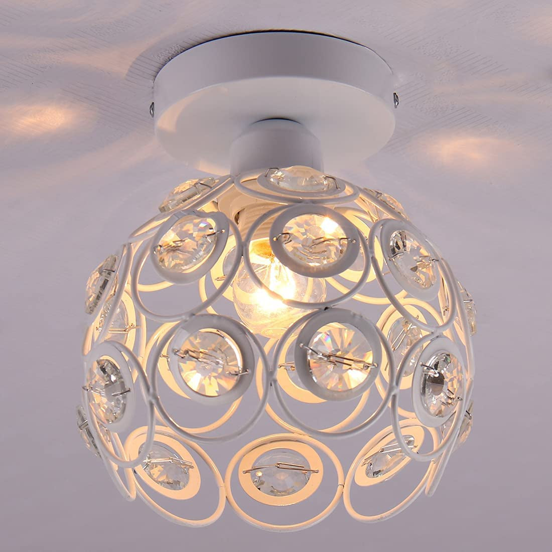 Crystal Ceiling Light Mini Crystal Chandelier Semi Flush Mount Ceiling Light White Finished Ceiling Lighting Bedroom Kitchen Living Room Modern Pendant Lighting Fixture,E26 Socket