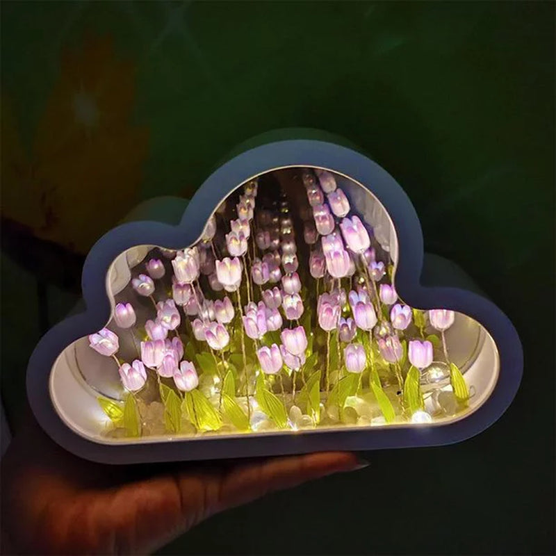 Cloud Mirror Tulip Lamp, Simulation Flower Bedroom Sleeping Table Lamp, Hand Craft DIY Tulips Mirror Night Light, Night Light for Bedroom,Creative Living Room Bedside Desktop Ornaments Girls (Purple)