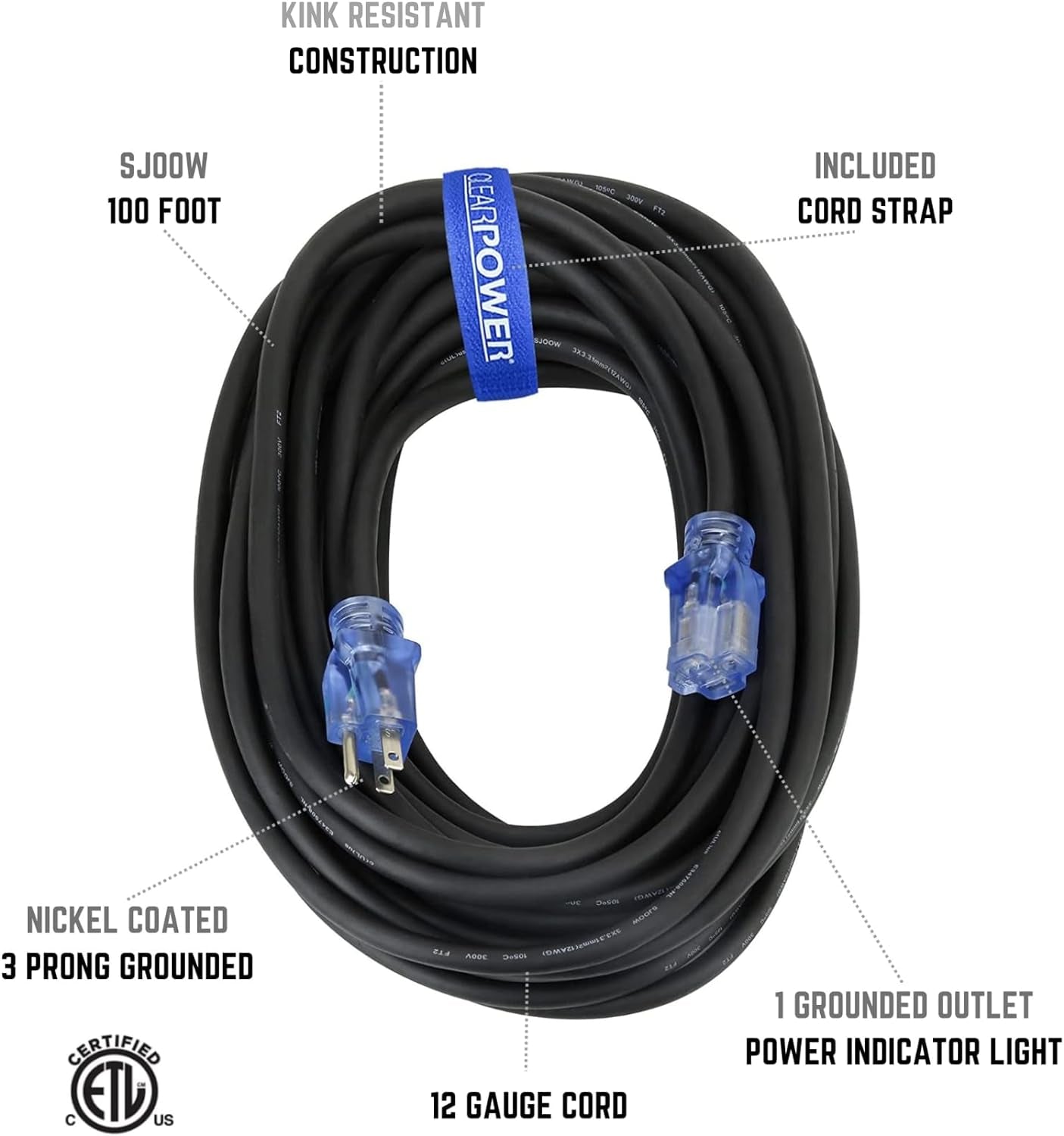 100 Ft 12/3 SJOOW Heavy Duty Rubber Outdoor Extension Cord, Power Indicator Light, Oil Water, Kink & Weather Resistant, Flame Retardant, Black, 3 Prong Grounded Plug, CP10186