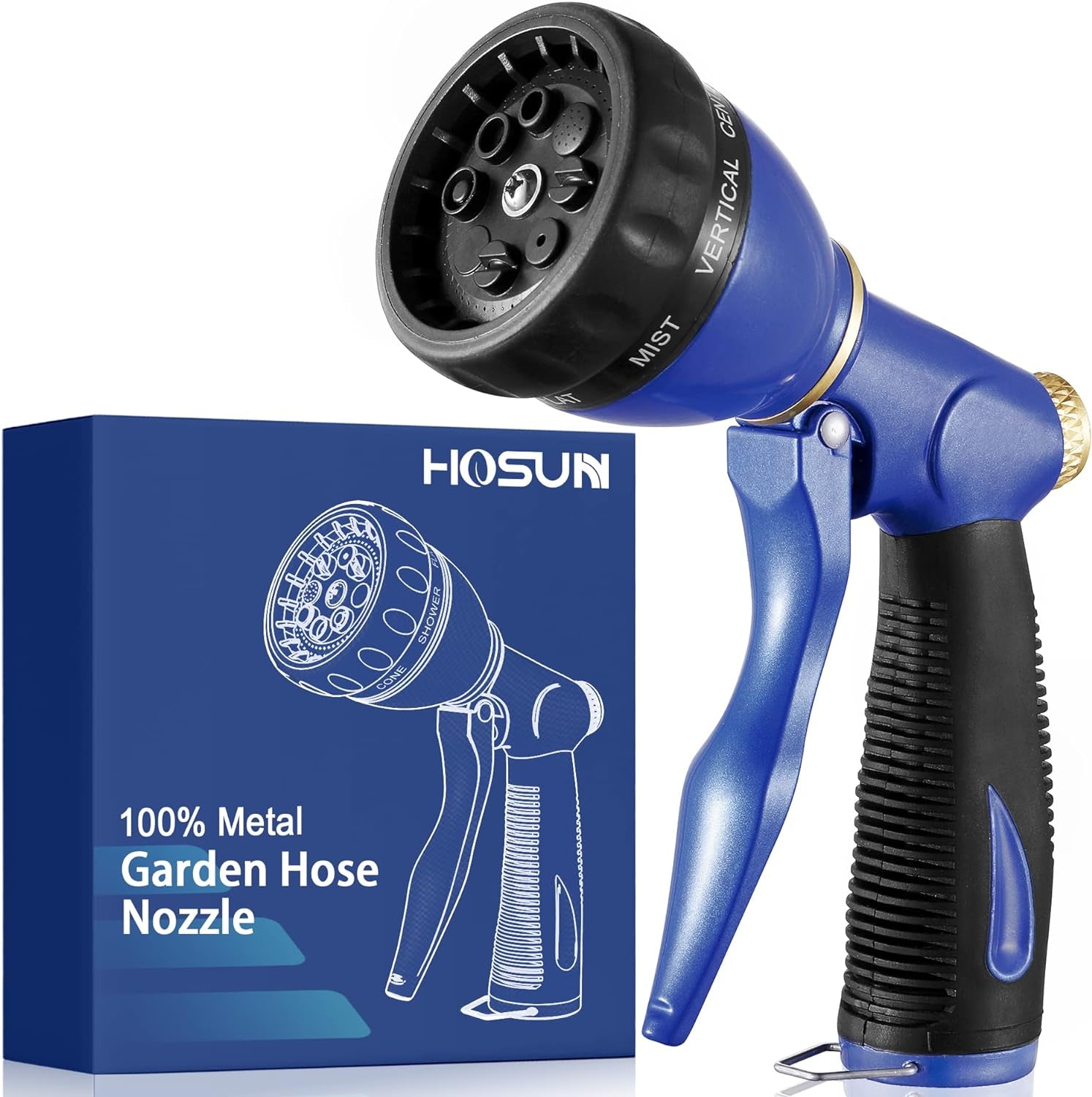 Garden Hose Sprayer Nozzle 100% Heavy Duty Metal, Water Hose Nozzle with 8 Different Spray Patterns, High Pressure Hose Spray Nozzle for Watering Plant & Lawn, Washing Car & Pet Blue