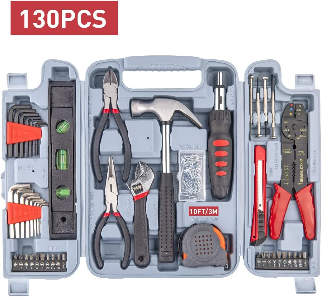 130-Piece Kitchen Drawer Home Tool Kit, Home Repair Tool Set with Portable Toolbox Storage Case