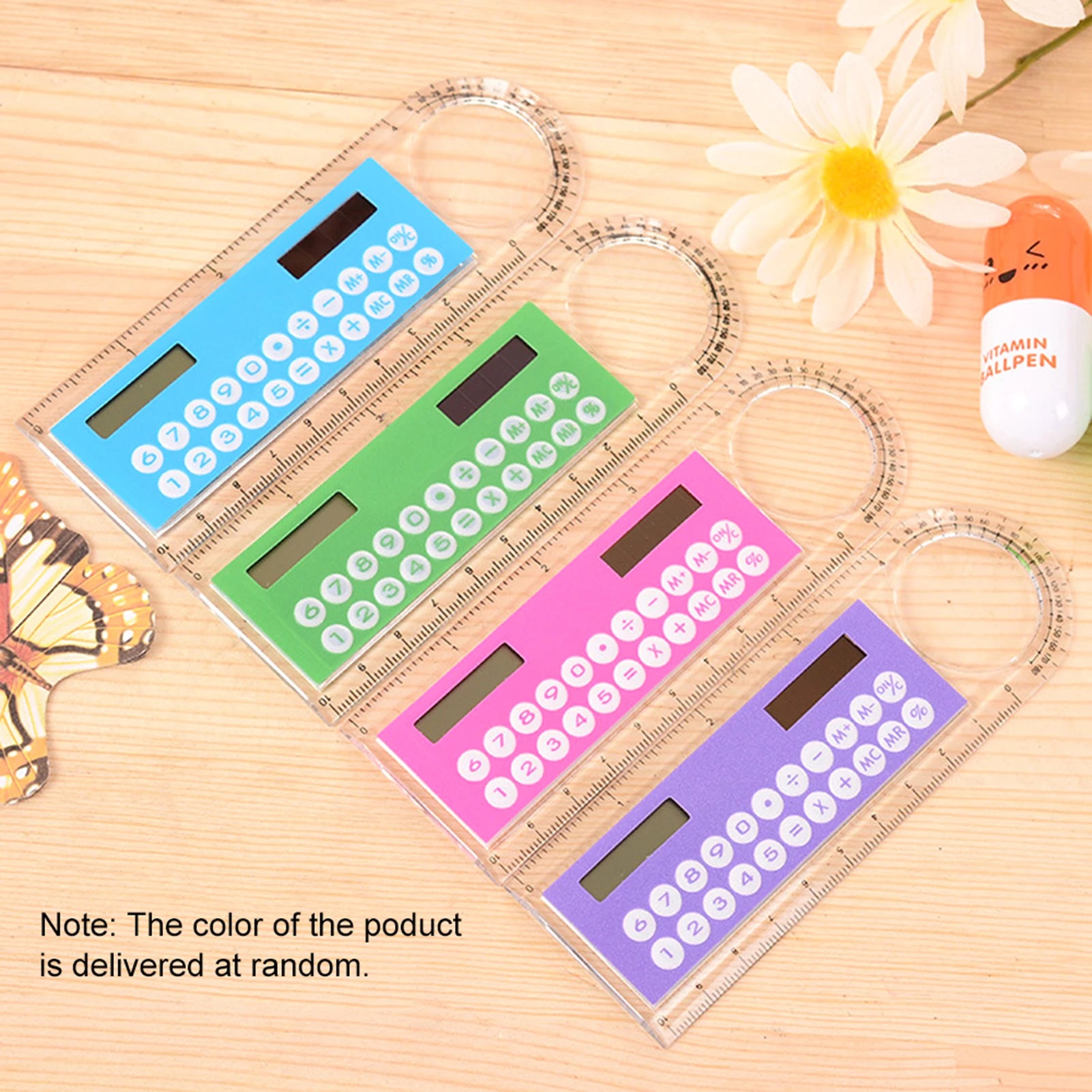 1Pc 10Cm Ruler Mini Calculator Ultra-Thin Solar Energy Multifunction Calculator for Children School Office Supplies Random Color