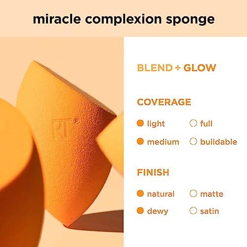 Real Techniques Miracle Complexion Sponge, Makeup Blending Sponge, For Liquid & Cream Foundation, Offers Light To Medium Coverage, Natural, Dewy Makeup, Orange Sponge, Latex-Free Foam, 1 Count