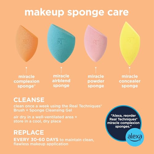 Real Techniques Mini Miracle Complexion Sponge 4 Pack, Small Makeup Blending Sponges, For Foundation & Concealer, Mini Size for Under Eyes & Touch-Ups, Travel Friendly, Natural Makeup, Latex-Free