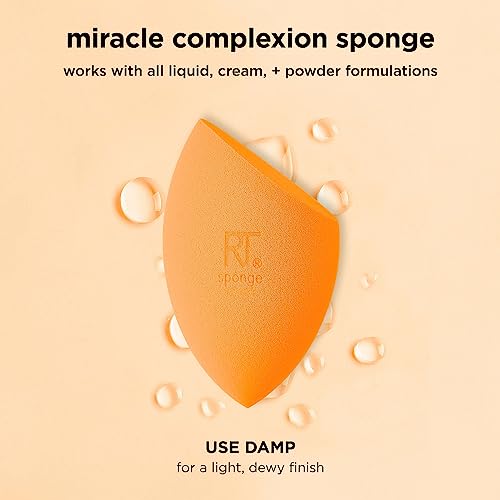 Real Techniques Miracle Complexion Sponge, Makeup Blending Sponge, For Liquid & Cream Foundation, Offers Light To Medium Coverage, Natural, Dewy Makeup, Orange Sponge, Latex-Free Foam, 1 Count