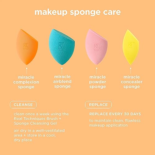 Real Techniques Miracle Complexion Sponge, Makeup Blending Sponge, For Liquid & Cream Foundation, Offers Light To Medium Coverage, Natural, Dewy Makeup, Orange Sponge, Latex-Free Foam, 1 Count