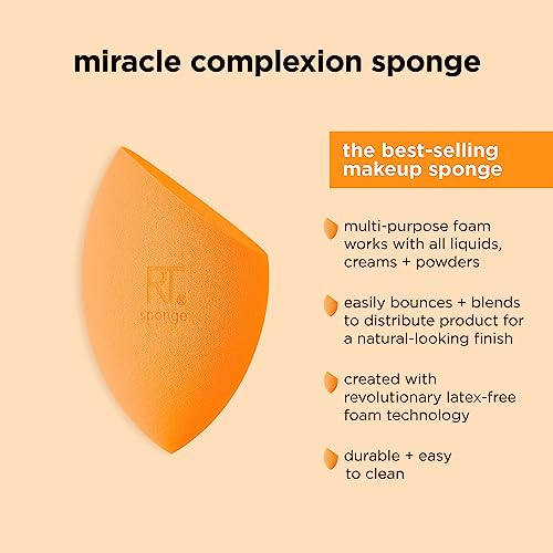 Real Techniques Miracle Complexion Sponge, Makeup Blending Sponge, For Liquid & Cream Foundation, Offers Light To Medium Coverage, Natural, Dewy Makeup, Orange Sponge, Latex-Free Foam, 1 Count