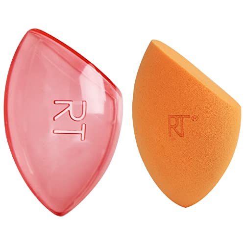 Real Techniques Miracle Complexion Sponge + Travel Case, Makeup Blending Sponge, For Foundation, Sponge Case for Travel, Light To Medium Coverage, Natural, Dewy Makeup, Latex-Free Foam, 2 Piece Set