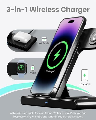 Wireless Charger iPhone Charging Station: 3 in 1 Charger Stand Multiple Devices for Apple - iPhone 15 14 Pro Max 13 12 11 - Watch 9 8 7 6 5 4 3 2 Se - Airpods 3 2 Pro