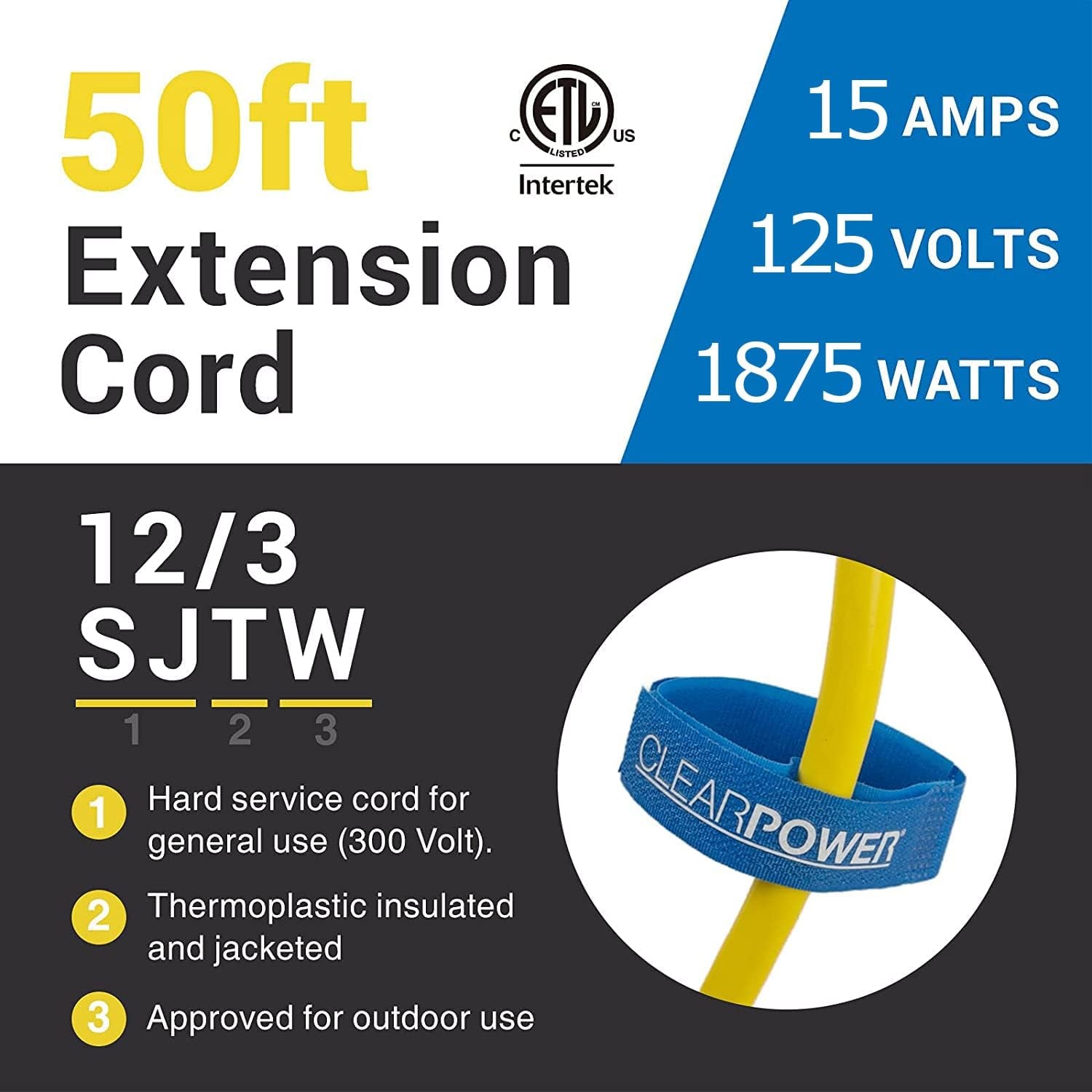 50 Ft Heavy Duty Outdoor Extension Cord 12/3 SJTW, Water & Weather Resistant, Flame Retardant, Yellow, 3 Prong Grounded Plug, CP10145