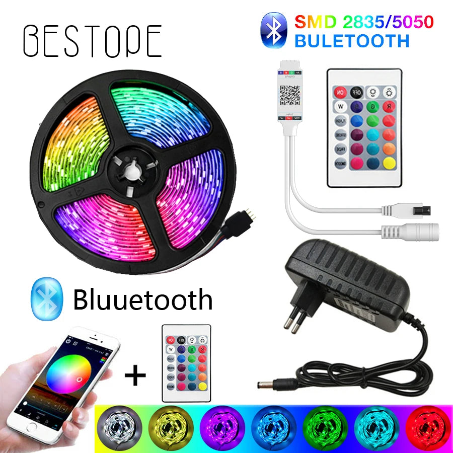 Bluetooth LED Strip Lights RGB 5050 SMD Flexible Ribbon Waterproof RGB LED Light with Power Adapt Tape Diode DC Control