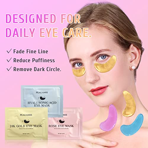 PEAUAMIE Under Eye Patches (30 Pairs) Gold Eye Mask and Hyaluronic Acid Eye Patches for puffy eyes,Rose Eye Masks for Dark Circles and Puffiness under eye skin care Smooth Wrinkles products