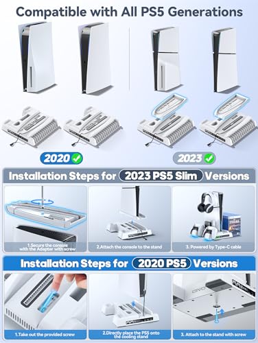 PS5 / PS5 Slim Stand and Cooling Station with RGB LED Controller Charging Station for PlayStation 5 Console, PS5 Controller Charger, PS5 / PS5 Slim Accessories with 3 Level Cooling Fan