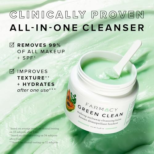 Farmacy Makeup Remover Cleansing Balm - Green Clean Waterproof Makeup Remover + Oil Based Cleanser - Gentle Exfoliating Double Cleanser - Melts From Balm to Milky Lather (50ml)