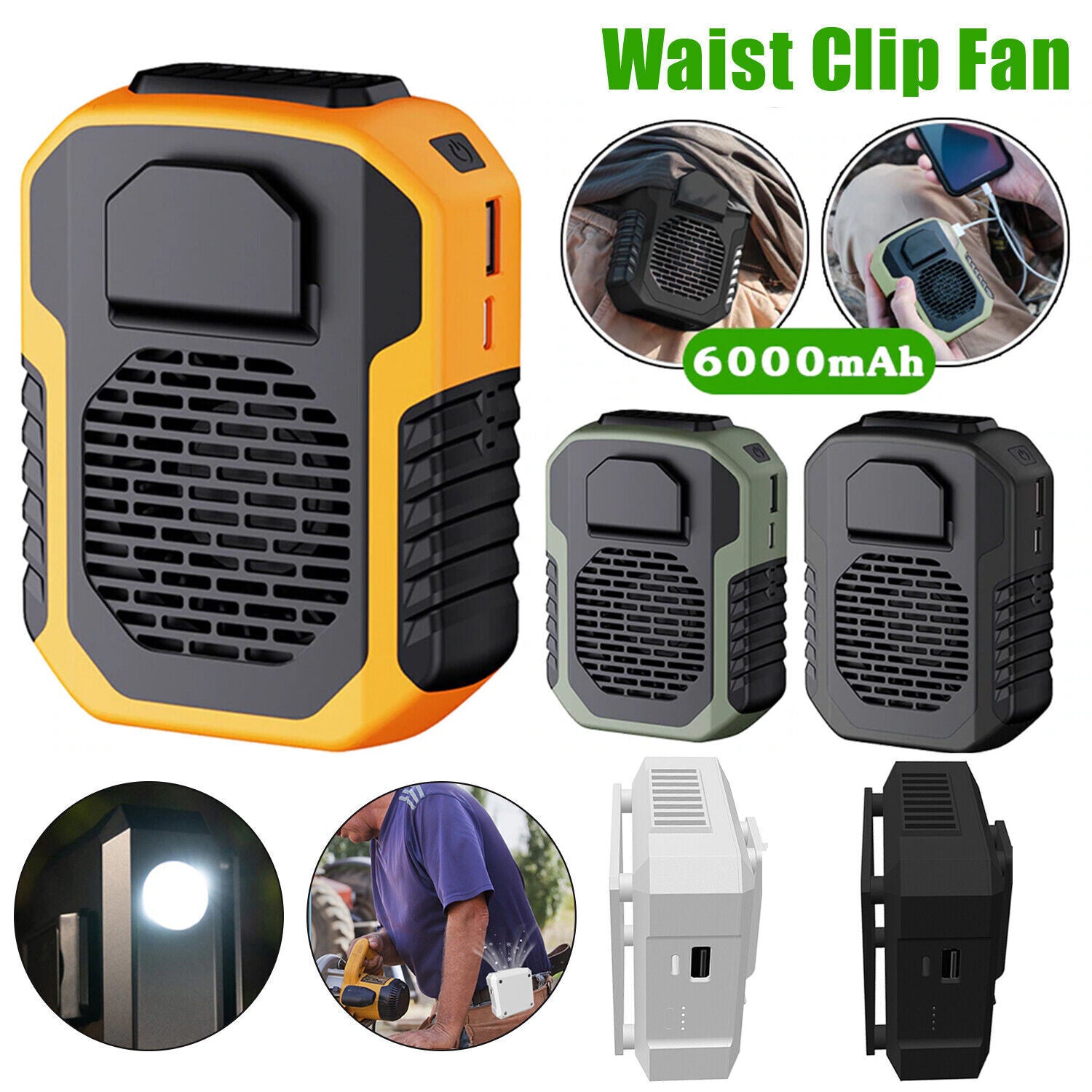 Portable Waist Clip Fan USB Rechargeable Hanging Cooling Neck Fan Power Bank Fan