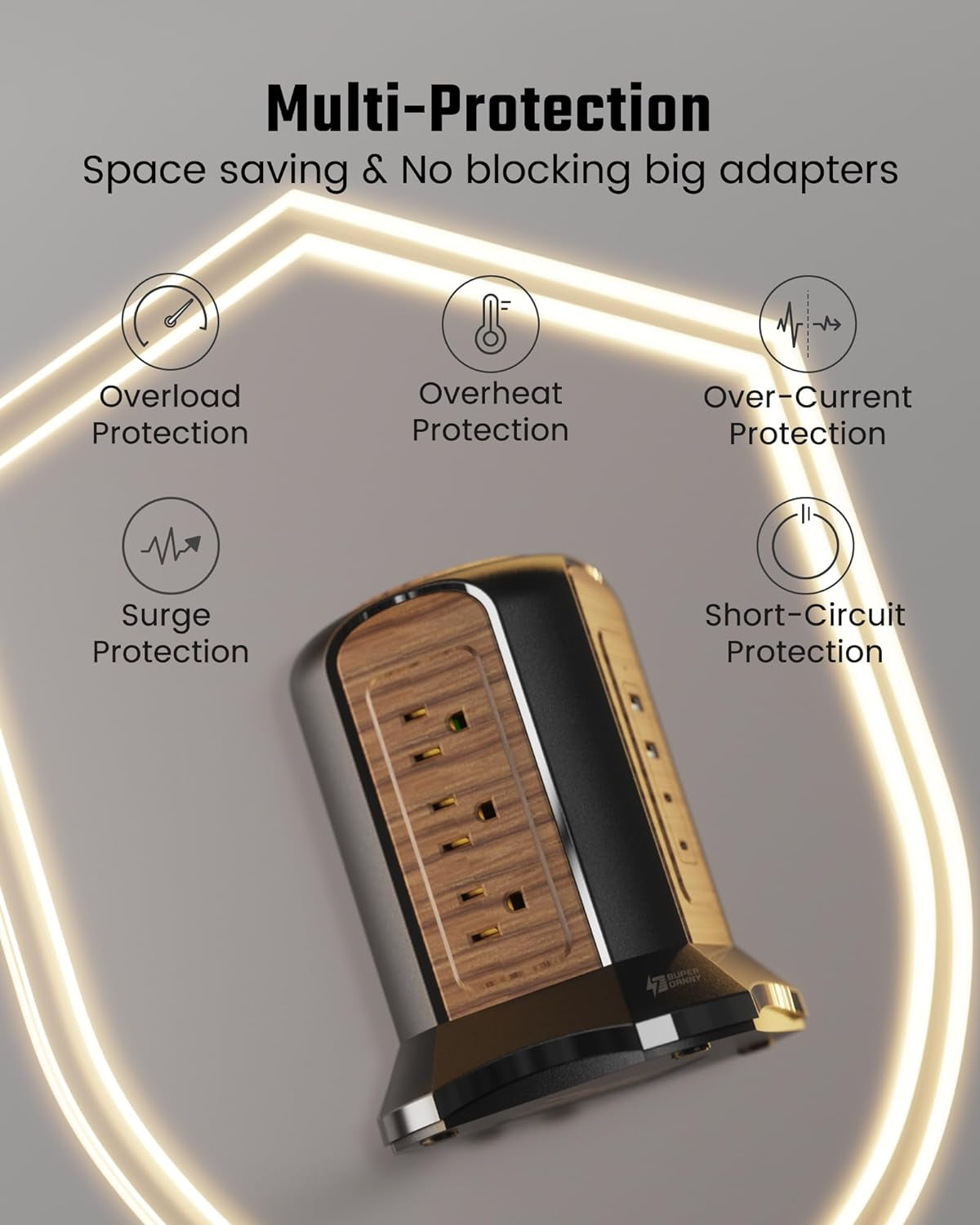 Power Strip Tower Surge Protector, 10 Ft Extension Cord with Multiple Outlets, 9 Outlets, 4 USB Ports (2 USB C), 1080 Joules, 3-Prong, Grounded, Charging Station for Home, Office, Brown