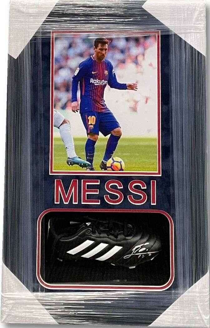 Lionel Messi Signed Autographed Shoe Custom Framed W/ Photo JSA YY54051 - Autographed Soccer Cleats