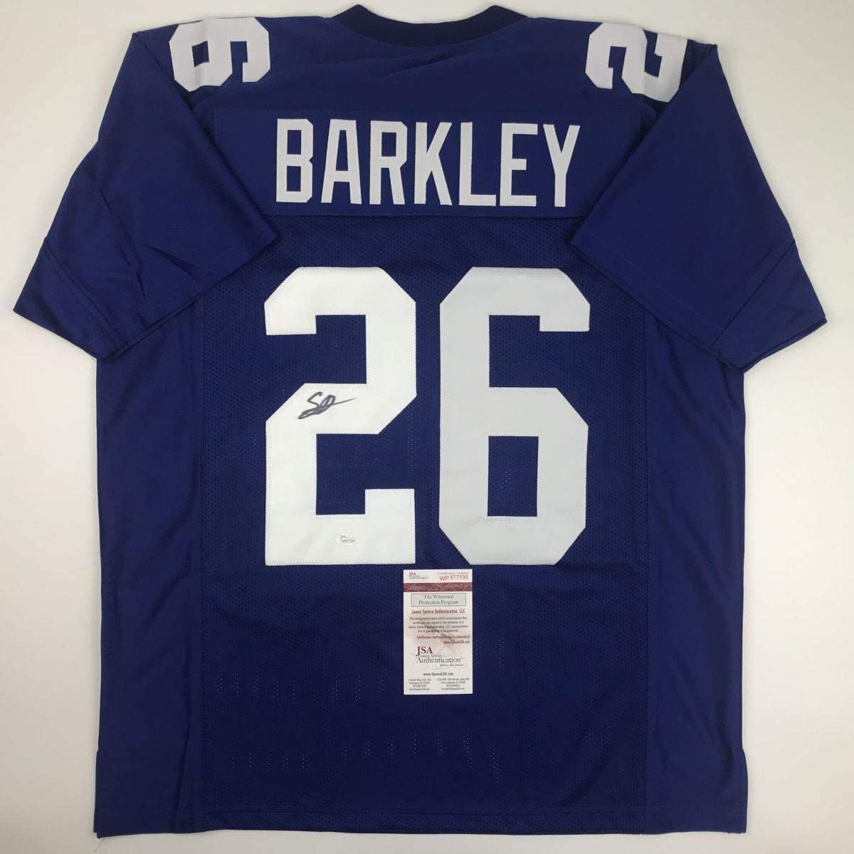 Autographed/Signed Saquon Barkley New York Blue Football Jersey JSA COA