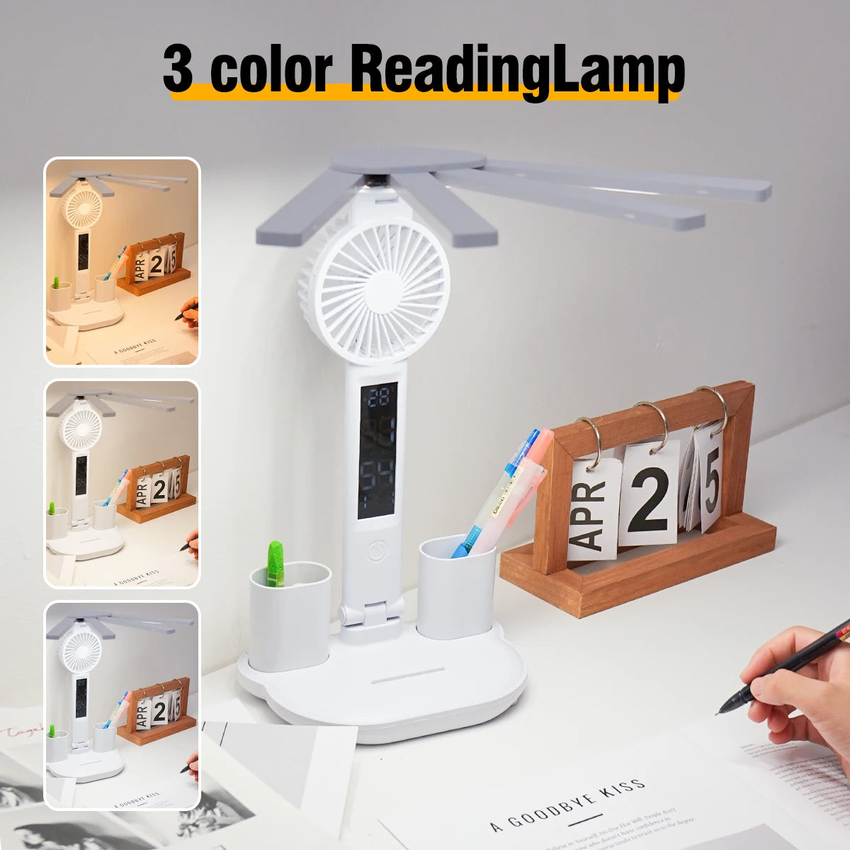 3In1 Multifunction Table Lamp LED Four-Headed Folding with Fan Calendar Clock USB Rechargeable Desk Light 3 Color Reading Lamp