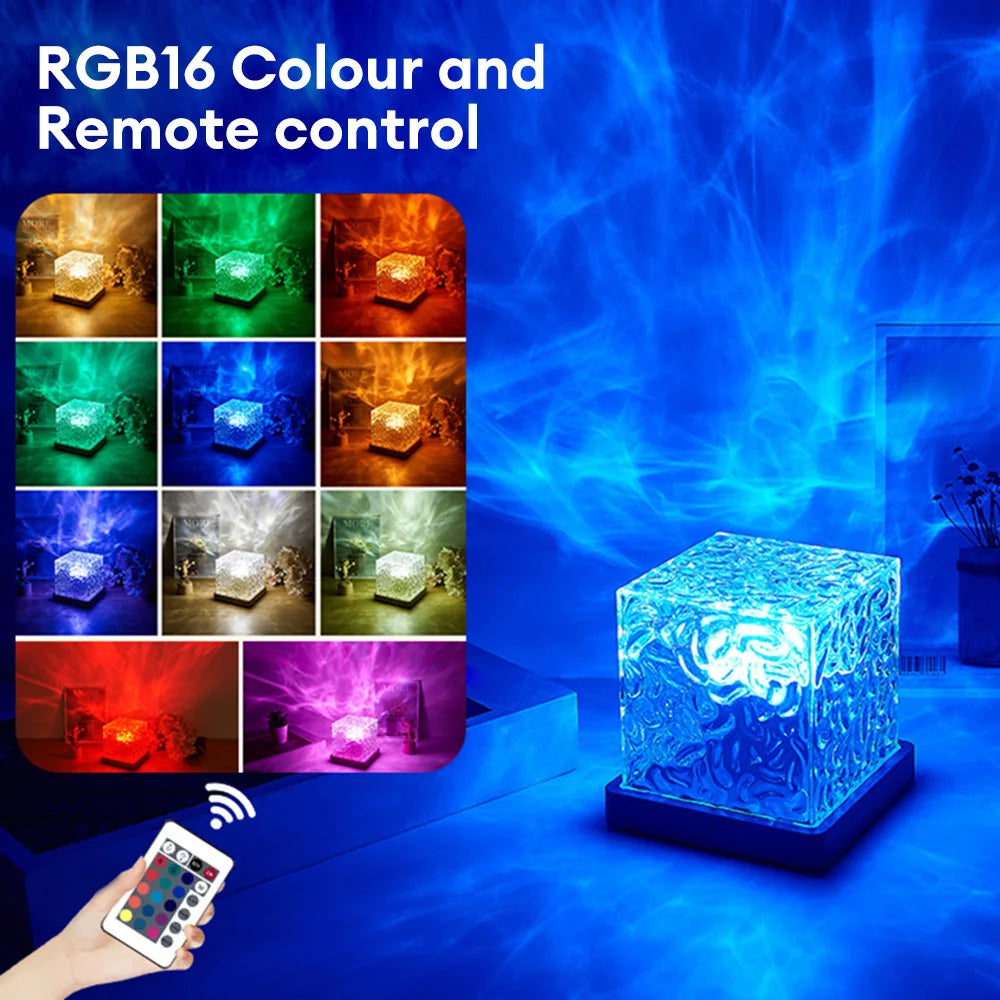 Dynamic Rotating Water Ripple Projector Night Light Water Ripple Cube Colorful Night Light Flame Crystal Lamp LED Table Lamp