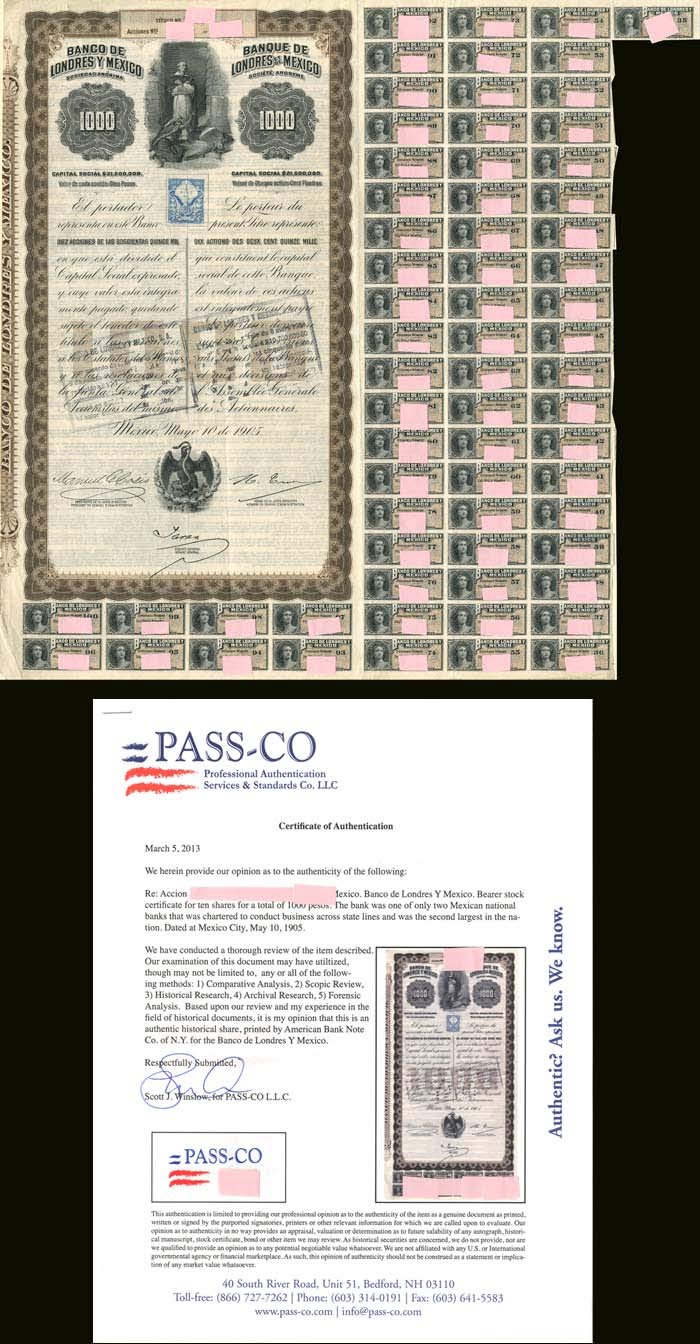 "Queen Victoria" - Banco de Londres Y Mexico - 1,000 Pesos - 1905 dated Stock Certificate with Dividend Coupons Attached (Uncanceled)