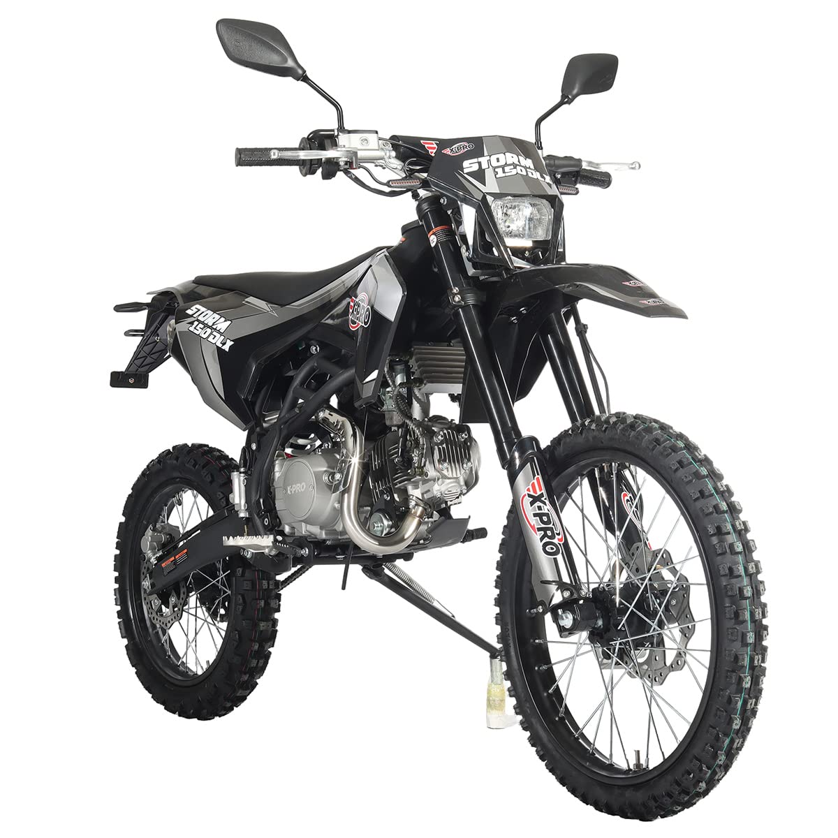 X-PRO 150 Dirt Bike Storm DLX 150 4-Speed Manual Transmission with All Lights, Electric/Kick Start, Big 19"/16" Tires! (Black)