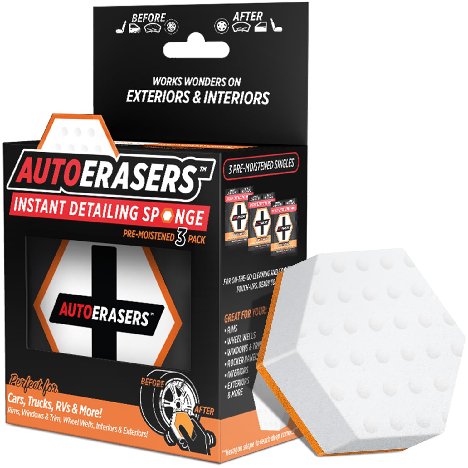 AutoERASERS™ Instant Detailing Car Bikes Wash Sponge, Non-Scratch Car Cleaning Sponge, Dual-Sided Auto Cleaning Sponges Pre-Moistened and Portable for On-The-Go Use, Pack of 3