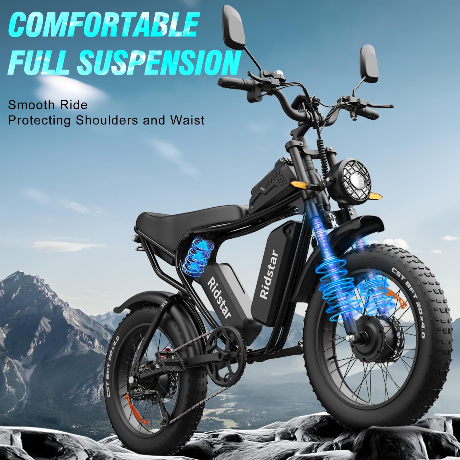 Ridstar Electric Bike for Adults Q20, 2000/1500W, 37/30MPH,52V 40AH,48V/20AH E-Bike,30-180 Miles Electric Motorcycle, 20" Fat Tire Dirt Bike, UL2849 All Terrain for Mountains, Snow, Sand, Road