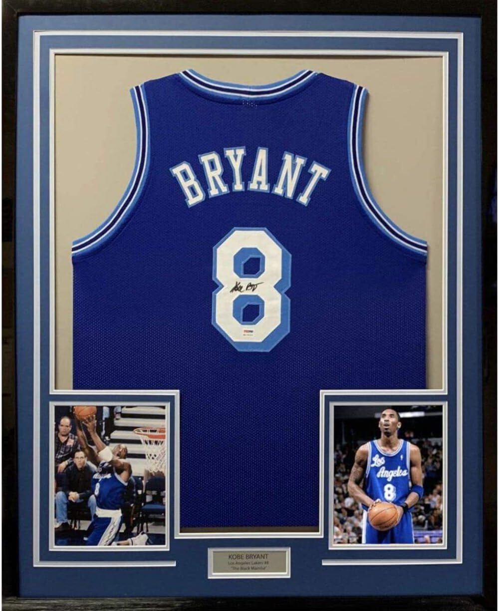 Framed Autographed/Signed Kobe Bryant 33x42 Los Angeles LA Retro Blue Basketball Jersey PSA/DNA COA