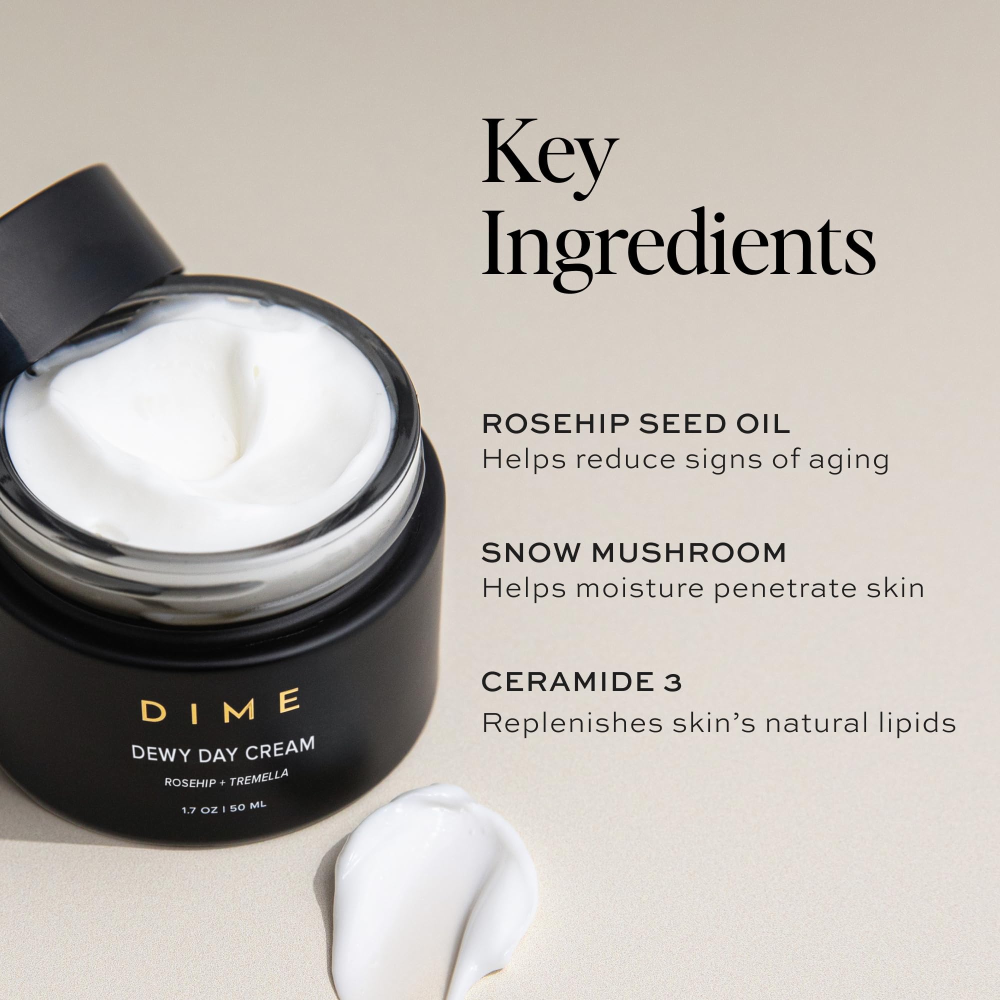 DIME Beauty Dewy Day Cream, Morning Face Moisturizer with Rosehip Oil and Snow Mushroom, 1.7 oz / 50 ml