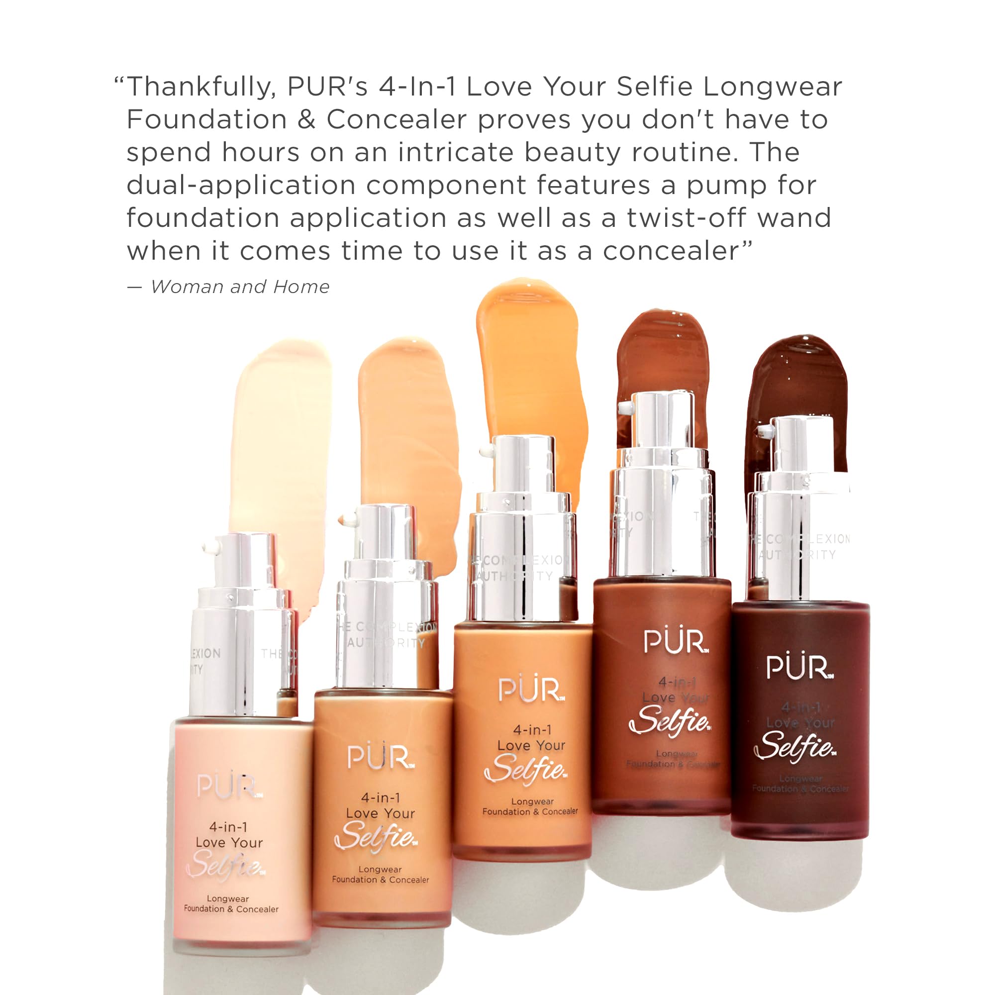 PUR Cosmetics 4-in-1 Love Your Selfie Longwear Foundation and Concealer - Unique, Dual-Applicator Component - Covers Blemishes and Imperfection - Reduce Fine Lines and Wrinkles - LN4 - 1 oz Makeup