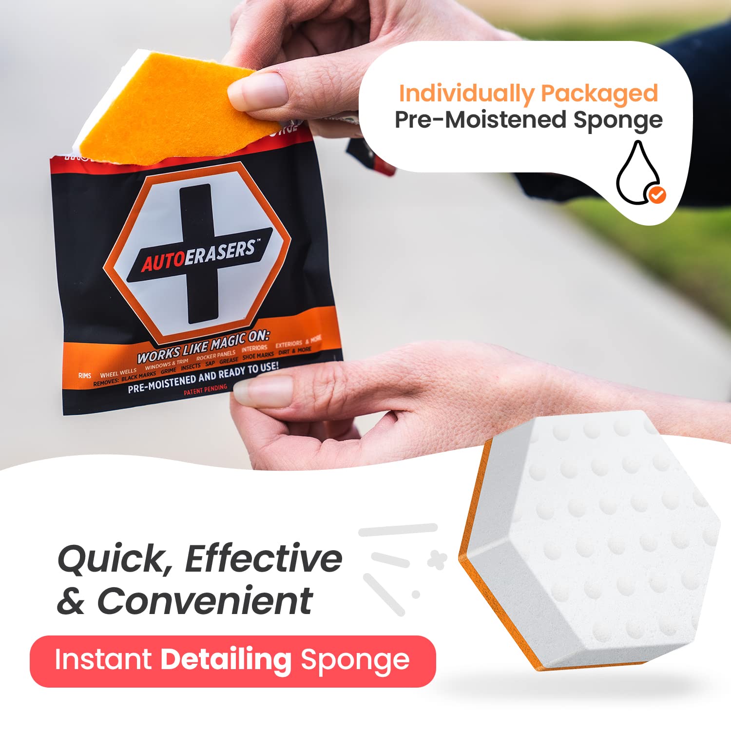 AutoERASERS™ Instant Detailing Car Bikes Wash Sponge, Non-Scratch Car Cleaning Sponge, Dual-Sided Auto Cleaning Sponges Pre-Moistened and Portable for On-The-Go Use, Pack of 3