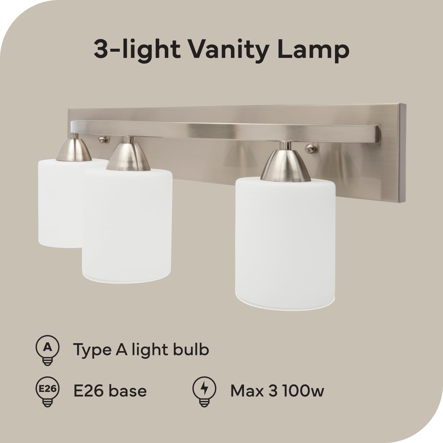 Bathroom Vanity Light Fixture | Interior Bathroom Lighting Bar with Modern Milk Glass Shade | Bathroom Lights over Mirror | Brushed Nickel, 3 Lights, E26 100W LED, Bulbs Not Included