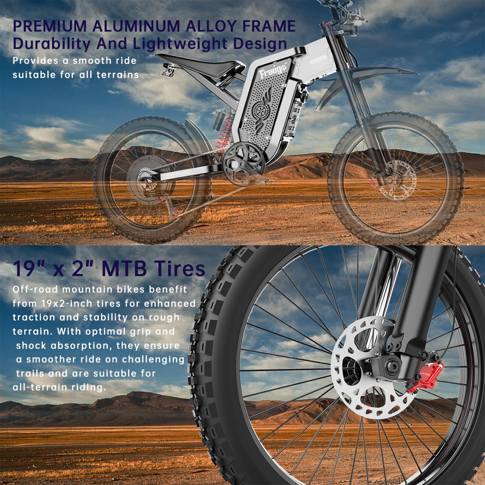 Freego X2 Electric Motorcycle for Adults, Electric Dirt Bike for Adult 6000W Motor 60V/30Ah Removable Battery, 60Mph/60Mile Electric Mountain Bicycle, 19" x2" Tire Full Suspension,Full Hydraulic Brake