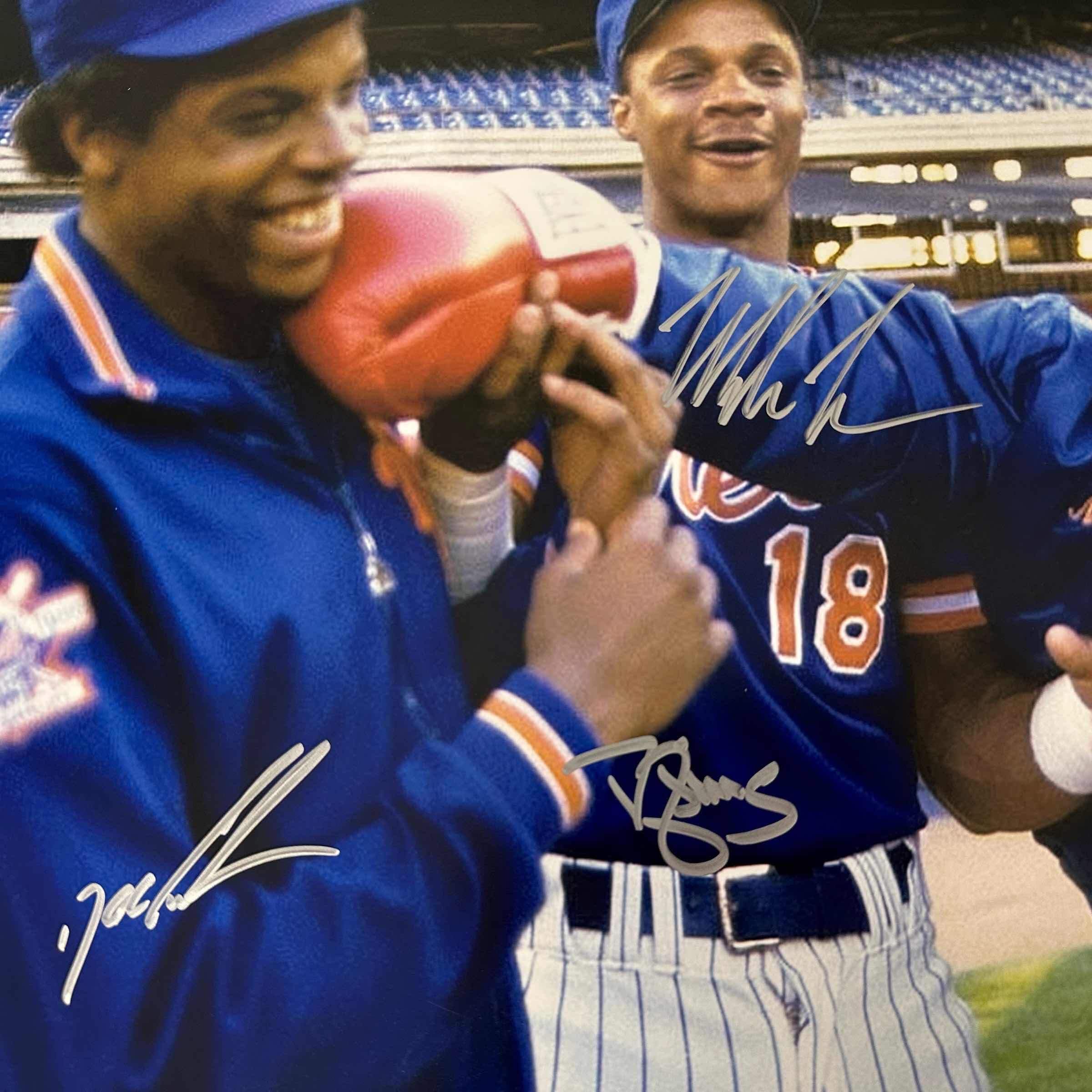 Autographed/Signed Mike Tyson Darryl Strawberry Dwight Doc Gooden New York Mets 16x20 Boxing Baseball Photo JSA COA