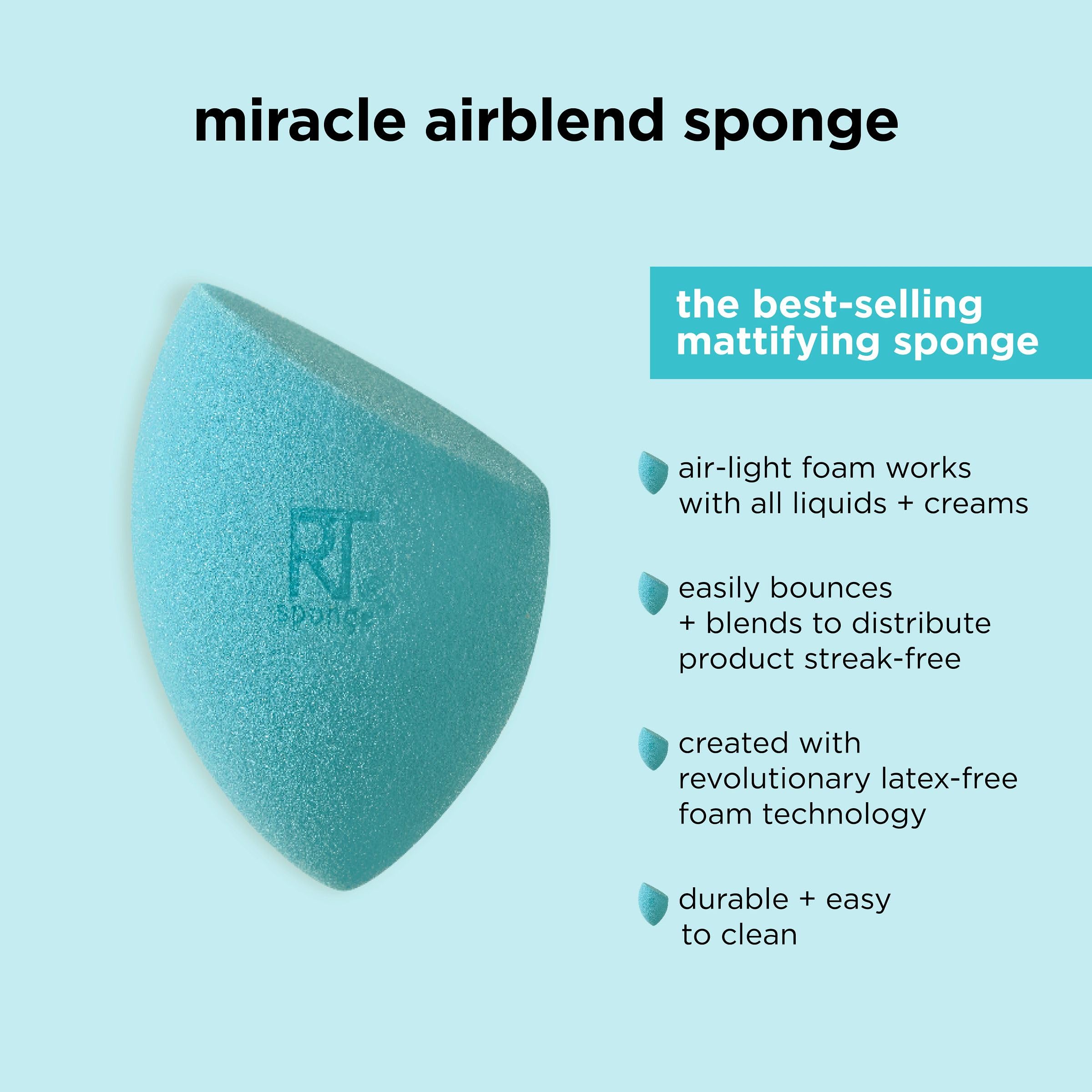 Real Techniques Miracle Airblend Sponge, Matte Makeup Blending Sponge, For Liquid, Cream, & Powder Products, Offers Medium To Full Coverage, Foundation Sponge, Latex-Free Foam, 1 Count