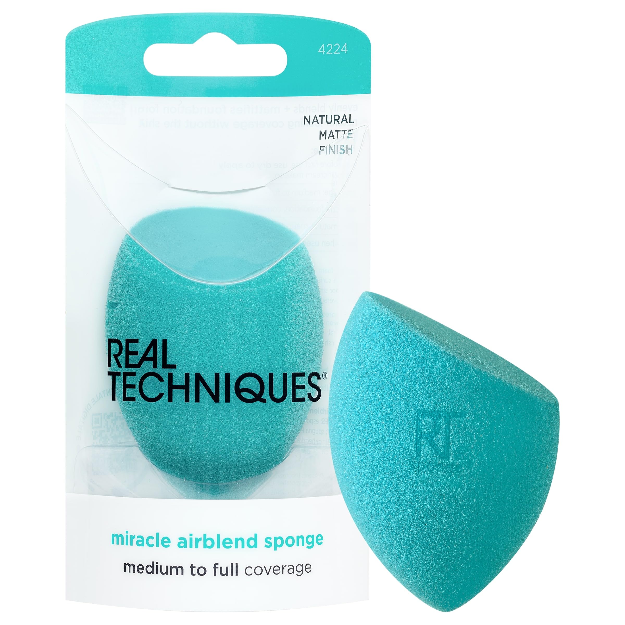 Real Techniques Miracle Airblend Sponge, Matte Makeup Blending Sponge, For Liquid, Cream, & Powder Products, Offers Medium To Full Coverage, Foundation Sponge, Latex-Free Foam, 1 Count