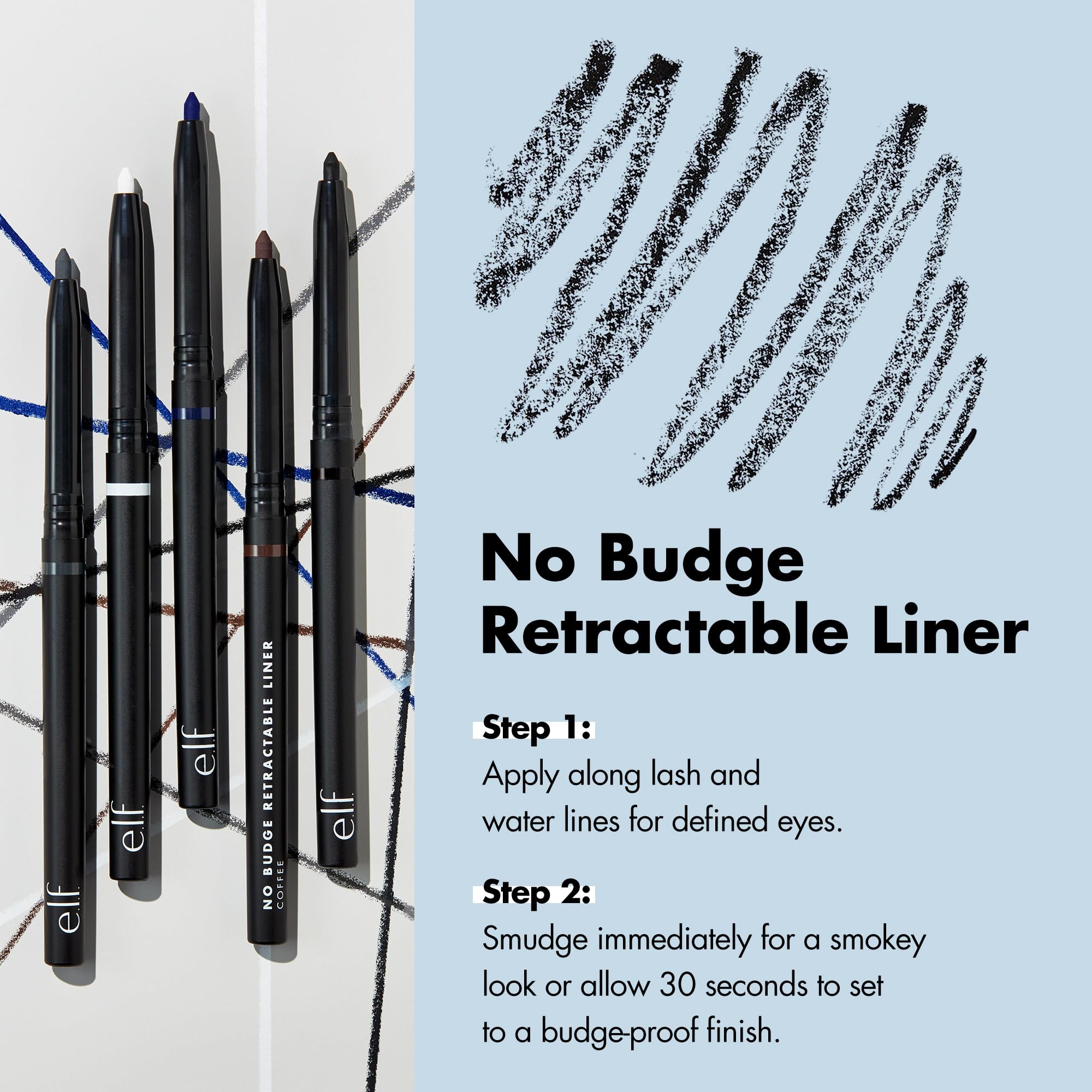 e.l.f. No Budge Retractable Eyeliner, Creamy, Ultra-Pigmented & Waterproof, Creates Bold & Defined Lines, Vegan & Cruelty-Free, Black 0.006 Oz