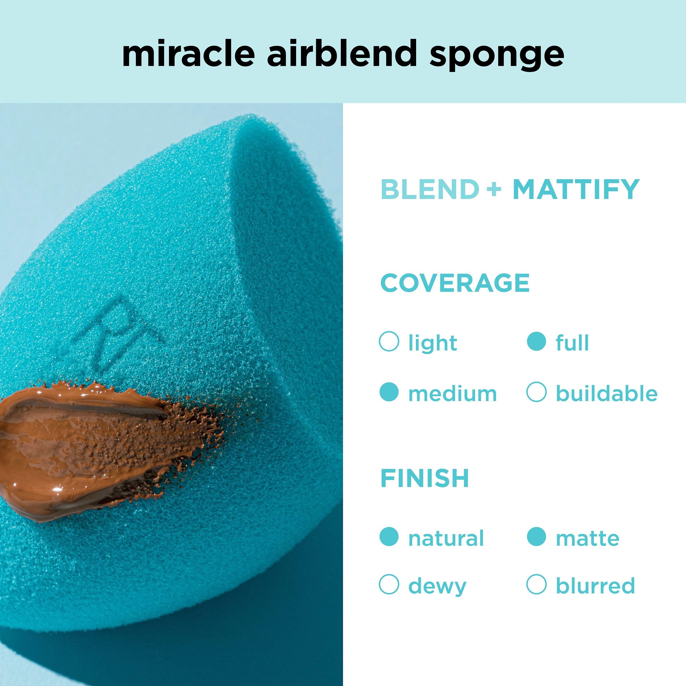 Real Techniques Miracle Airblend Sponge, Matte Makeup Blending Sponge, For Liquid, Cream, & Powder Products, Offers Medium To Full Coverage, Foundation Sponge, Latex-Free Foam, 1 Count