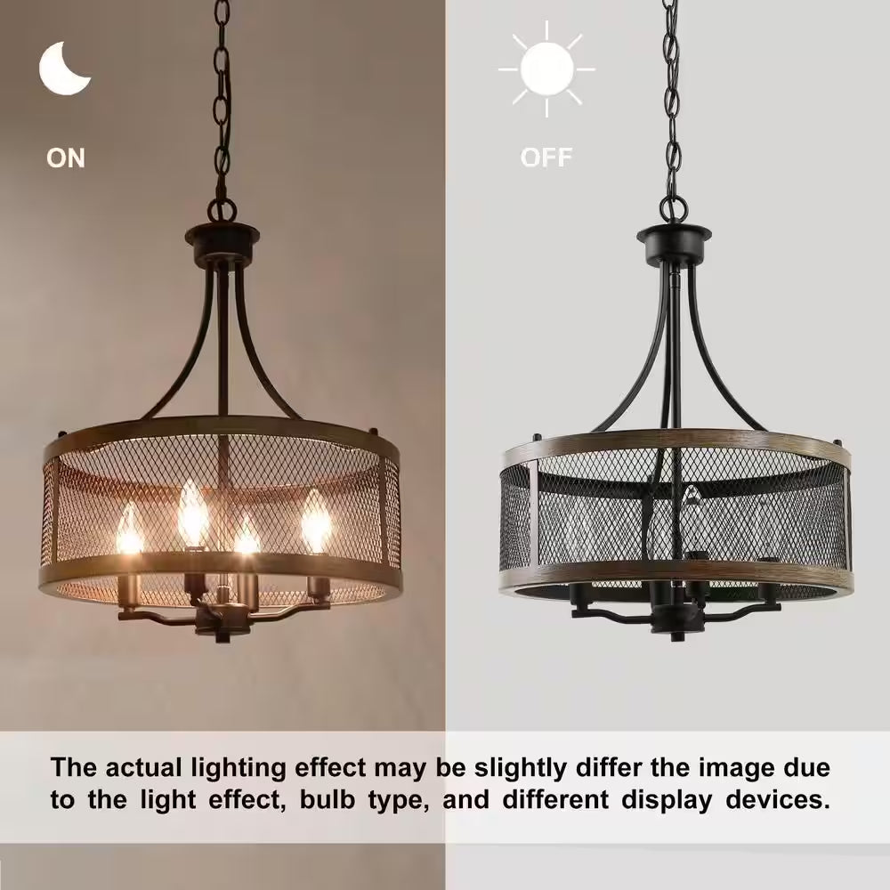 Black Drum Chandelier 4-Light Candlestick Dark Brown Farmhouse round Pendant with Open Cage Frame and Wood Accent