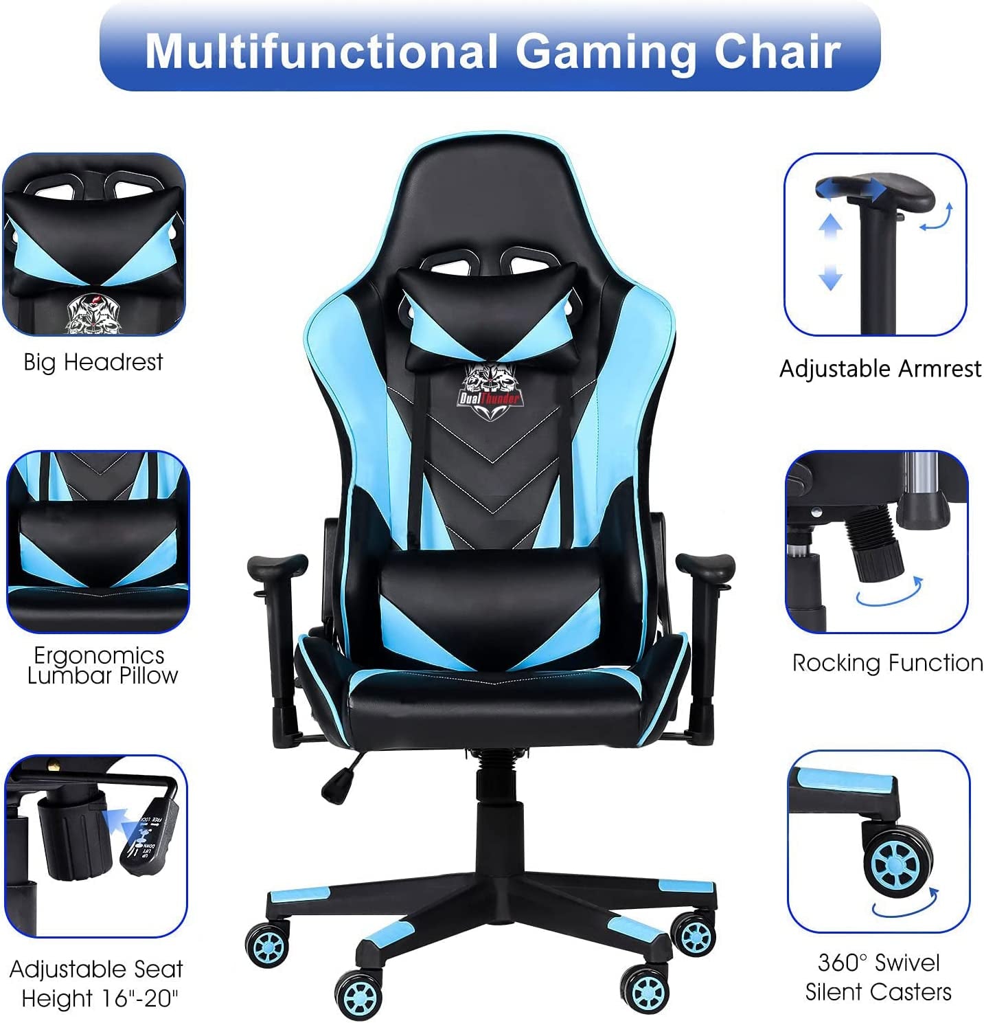 Ergonomic Video Gaming Chair 400 Lb Weight Capacity, Office Computer Chair with Headrest Lumbar Support, Reclining Racing Chair, Game Chair with Adjustable Armrest, Blue