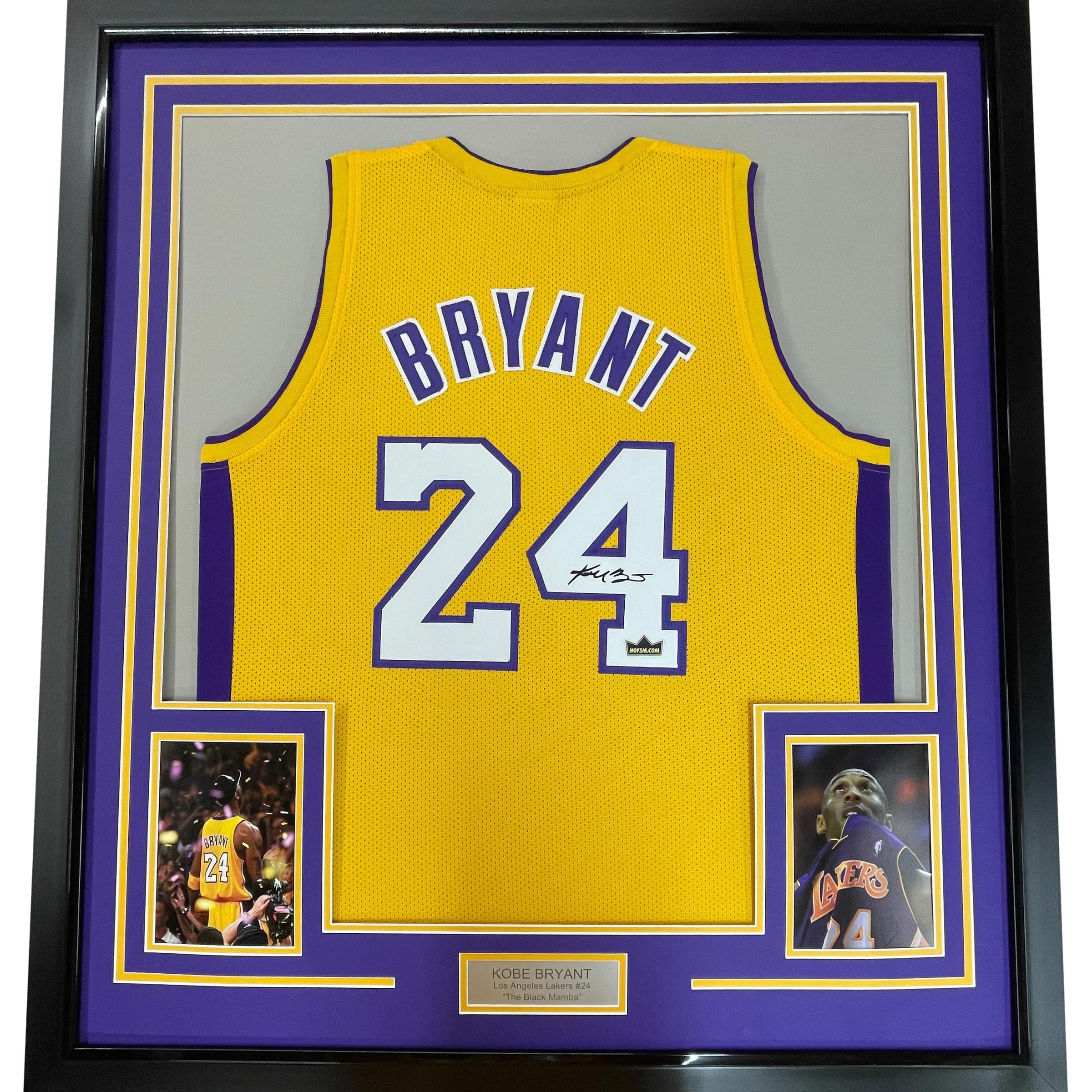 Framed Facsimile Autographed Kobe Bryant #24 35x39 Los Angeles LA Yellow Reprint Laser Auto Basketball Jersey