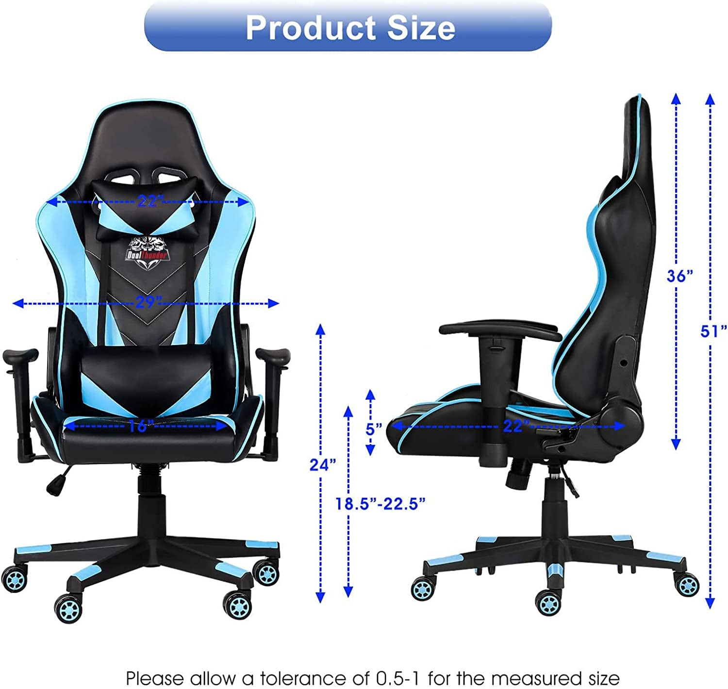 Ergonomic Video Gaming Chair 400 Lb Weight Capacity, Office Computer Chair with Headrest Lumbar Support, Reclining Racing Chair, Game Chair with Adjustable Armrest, Blue