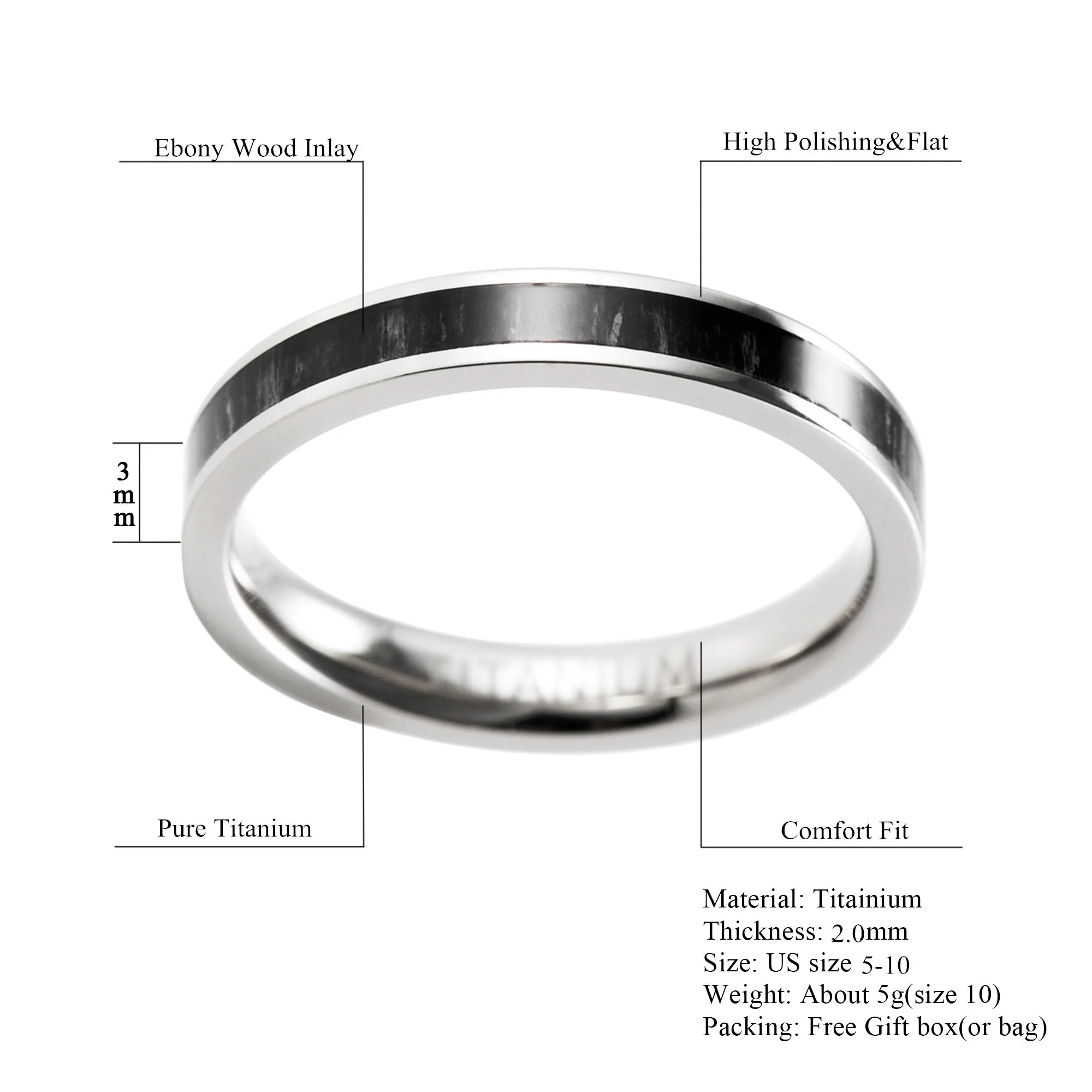 3mm Women's Wedding Bands Pure Titanium With Natural Ebony Wood Inlay Classic Engagement Anniversary Promise Ring For Women